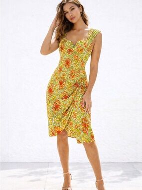 La Belle Vintage Retro Print Midi Dress Orange Green Draped Summer Dress size 7